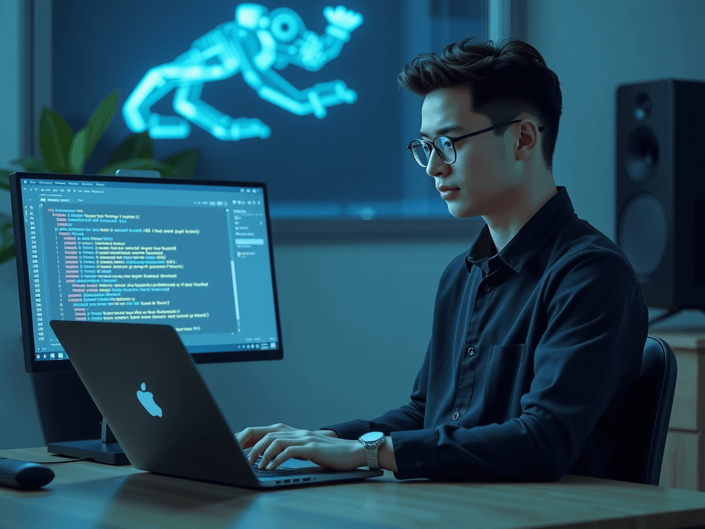 Developer working with code in a dark environment with blue lighting