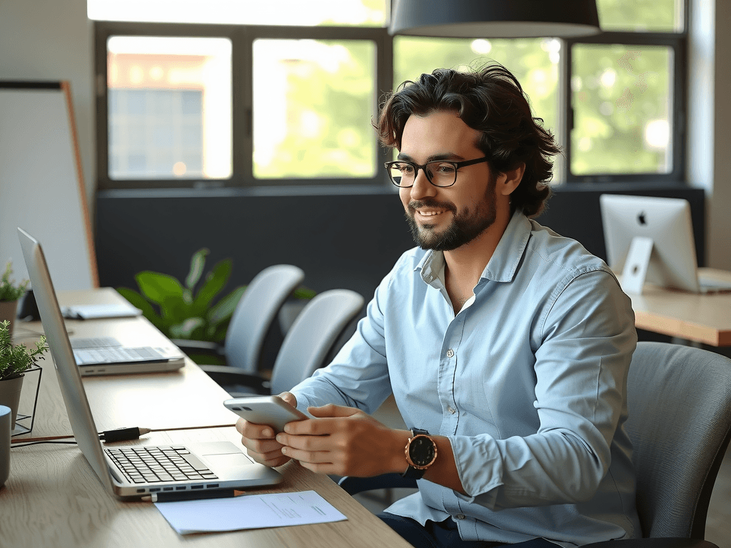 Founder working on his laptop with a smartphone in hand