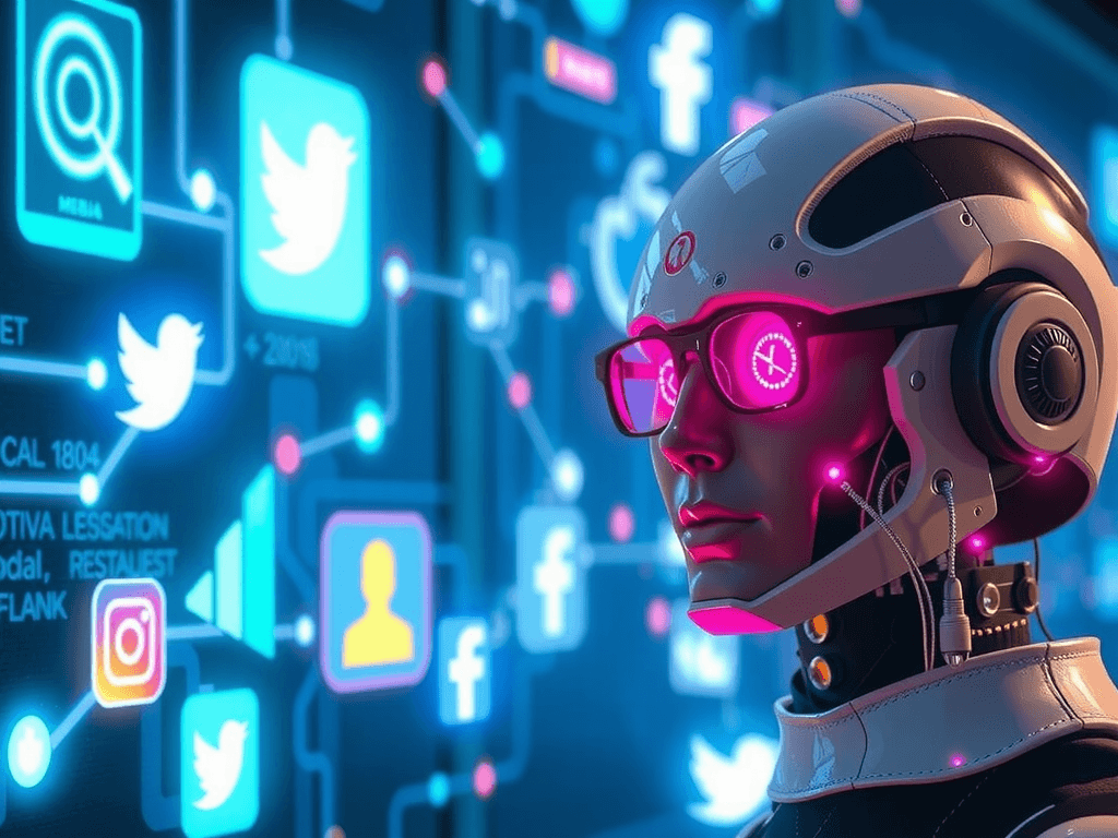 Futuristic robot with pink-lit glasses analyzing social media data