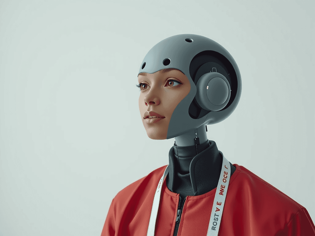 Humanoid robot with helmet-like head wearing a red jacket