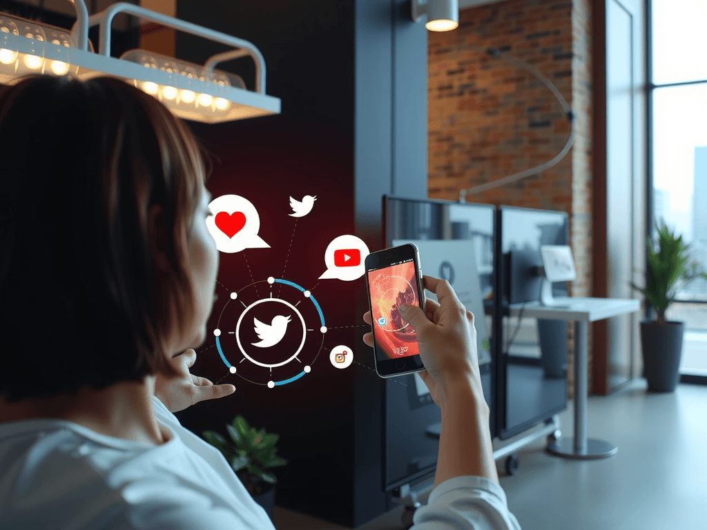 Person using smartphone with social media icons floating around it