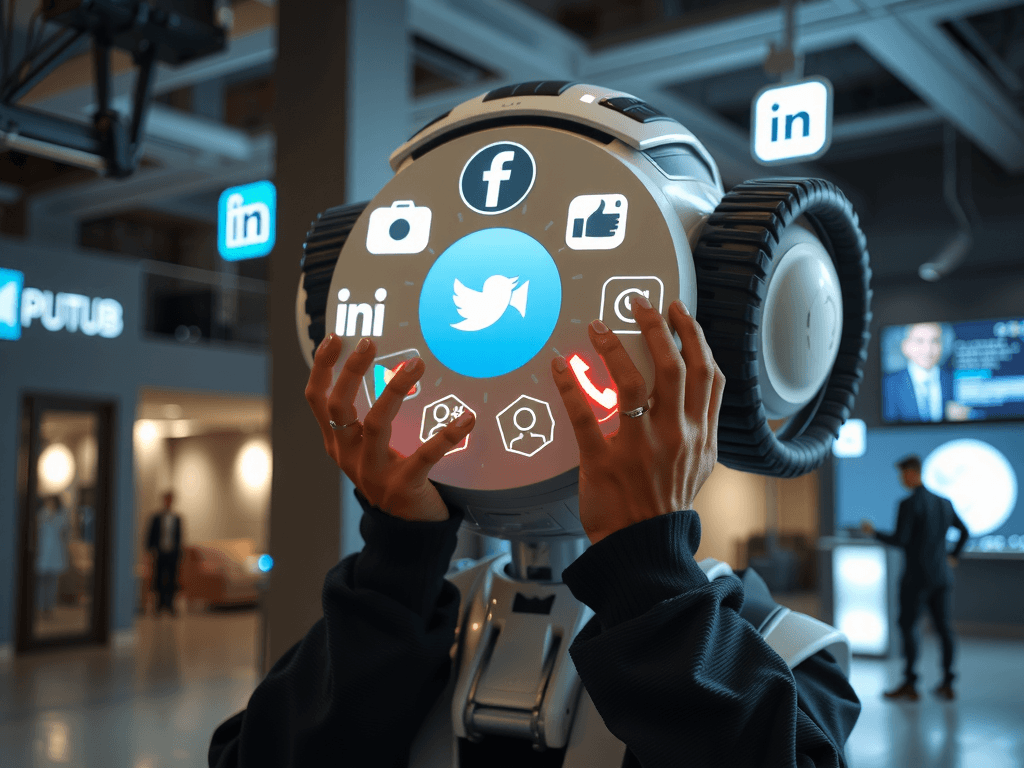 Person holding device with social media icons displayed in a circular interface