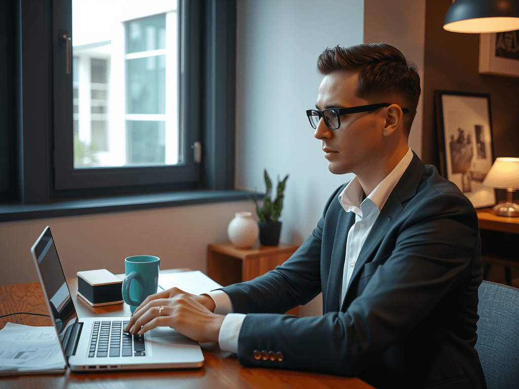 Person working on a laptop in an office environment
